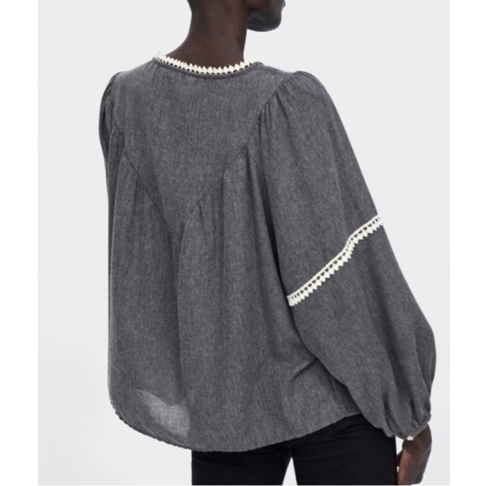 Zara Boho Charcoal Embroidered Peasant Blouse Women’s Large - Picture 2 of 5